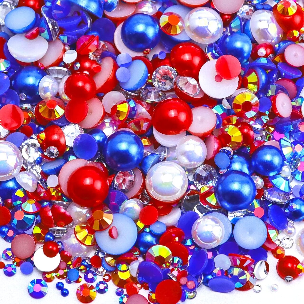 60g Mix Flatback Pearls and Flatback Rhinestones for Crafts(White|Red|Blue)